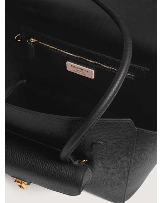 Coccinelle Black Grained Leather Tote Bag Double Beat Medium