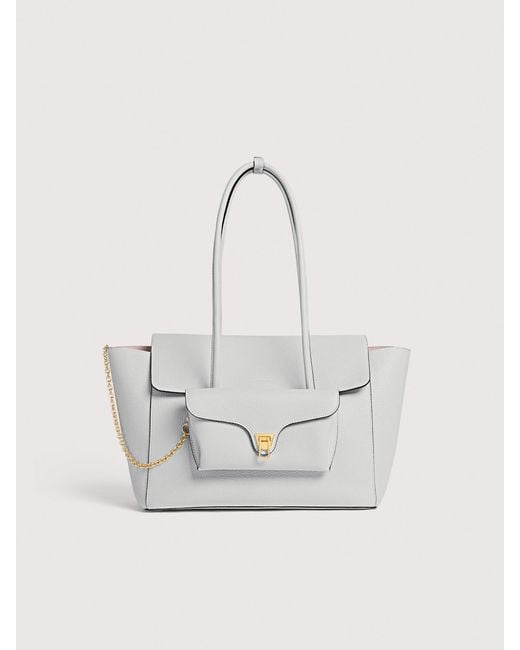 Coccinelle White Grained Leather Tote Bag Double Beat Medium
