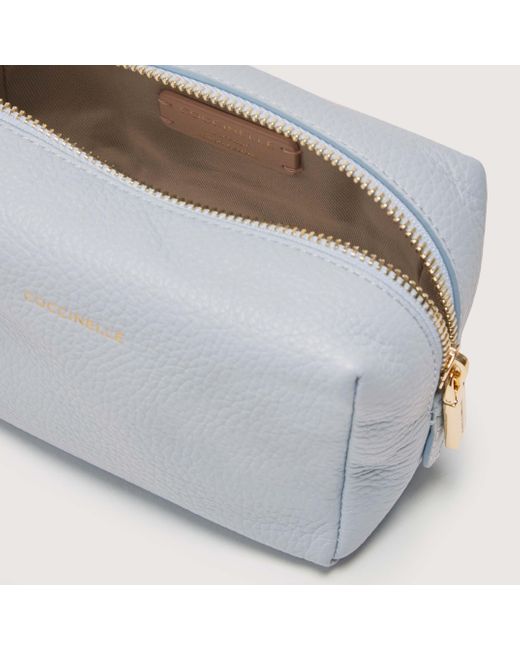 Coccinelle Gray Grained Leather Make-Up Bag Trousse Maxi