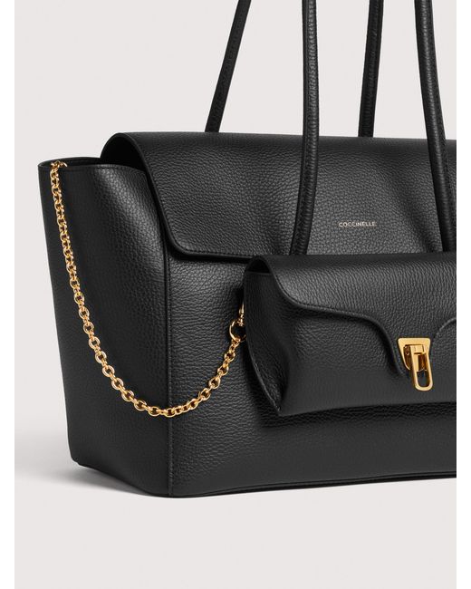 Coccinelle Black Grained Leather Tote Bag Double Beat Medium