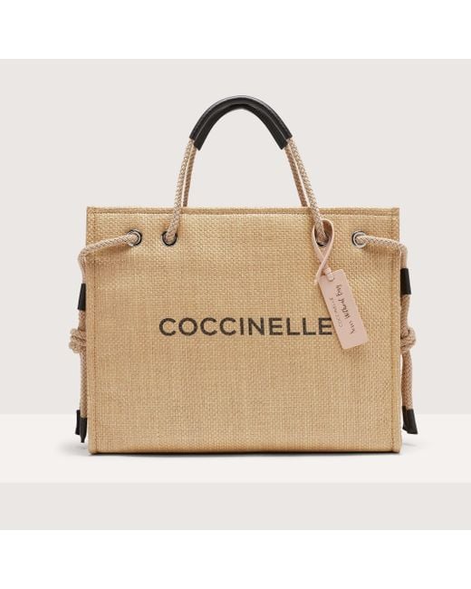 Coccinelle Natural Raffia Handbag Never Without Bag Straw Logo Print Large
