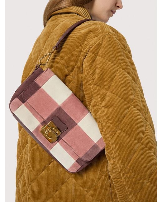 Coccinelle Pink Suede Shoulder Bag With Patchwork Vichy Detailing C-Me Lock Medium