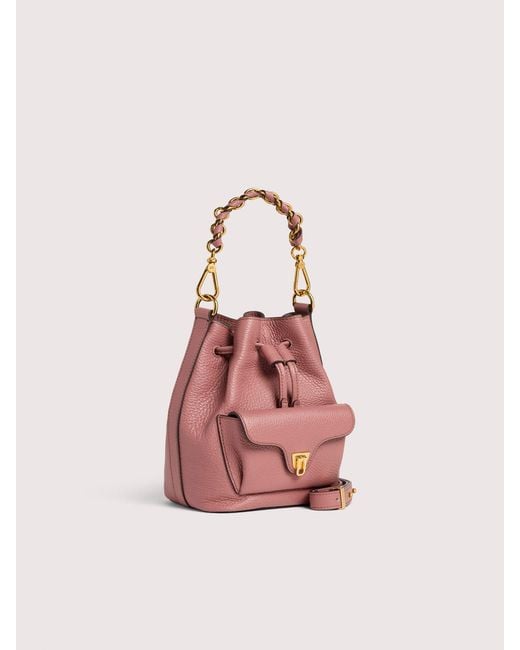 Coccinelle Pink Grained Leather Bucket Bag Beat Generation Small