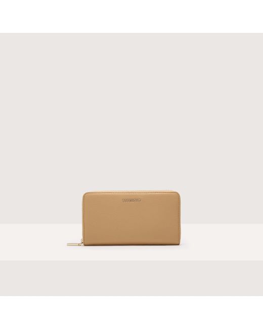 Coccinelle Natural Große Brieftasche aus genarbtem Leder mit umlaufendem Reißverschluss Metallic Soft
