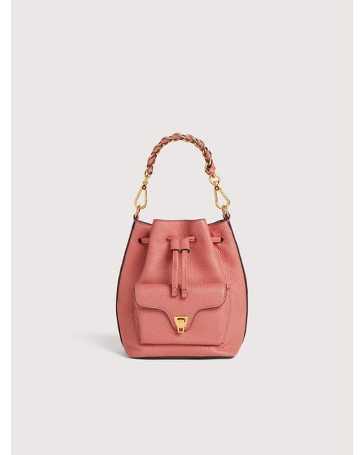 Coccinelle Pink Grained Leather Bucket Bag Beat Generation Small
