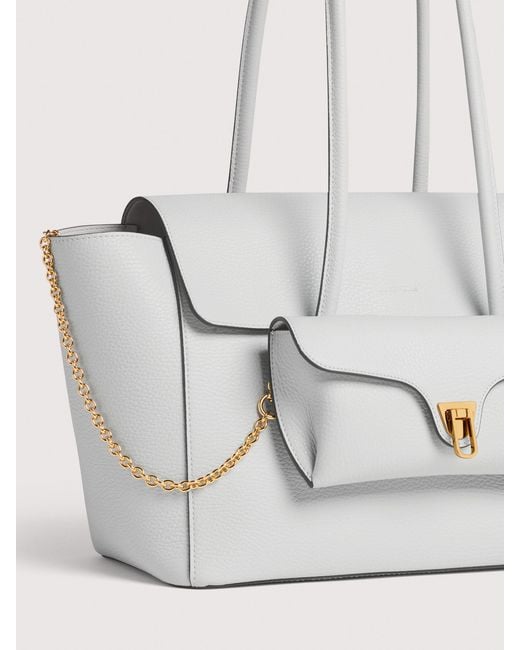 Coccinelle White Grained Leather Tote Bag Double Beat Medium