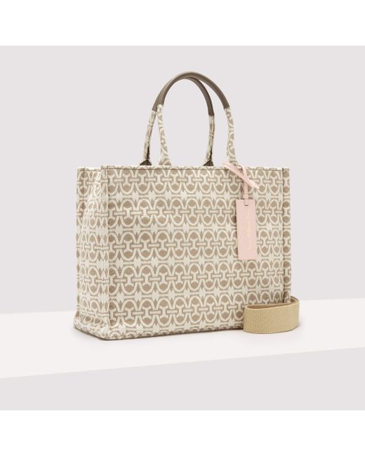 Coccinelle Natural Jacquard Fabric And Grained Leather Handbag Never Without Bag Monogram Medium
