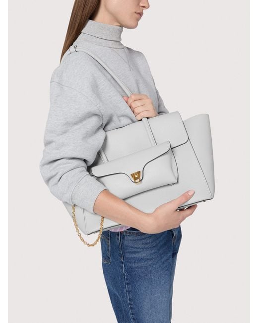 Coccinelle White Grained Leather Tote Bag Double Beat Medium