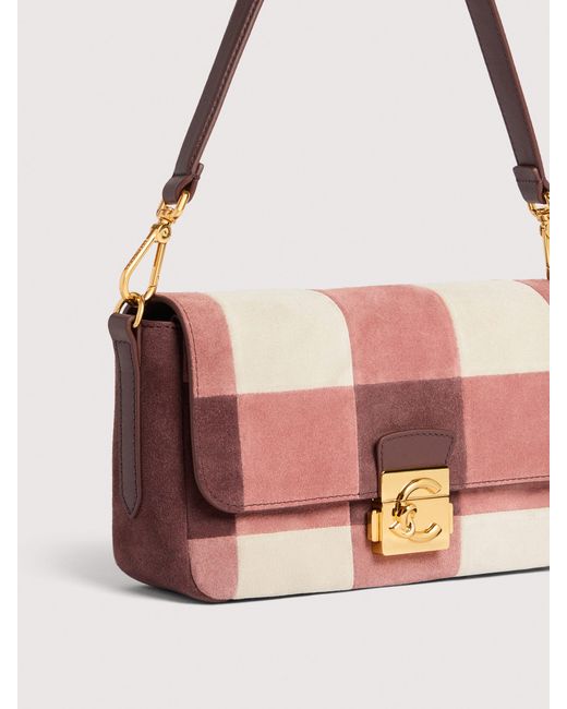 Coccinelle Pink Suede Shoulder Bag With Patchwork Vichy Detailing C-Me Lock Medium
