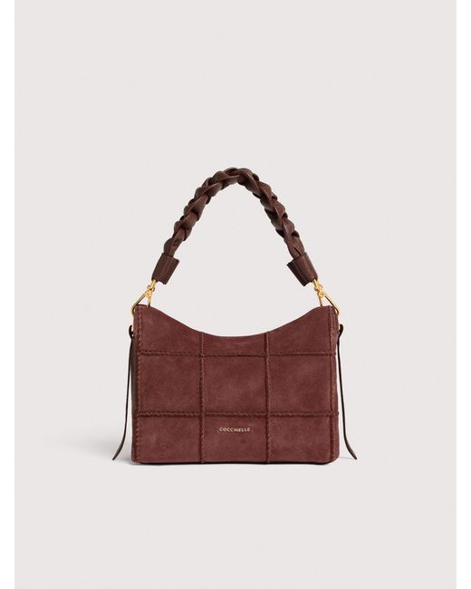 Coccinelle Purple Suede Handbag With Embroidered Check Pattern Boheme Small