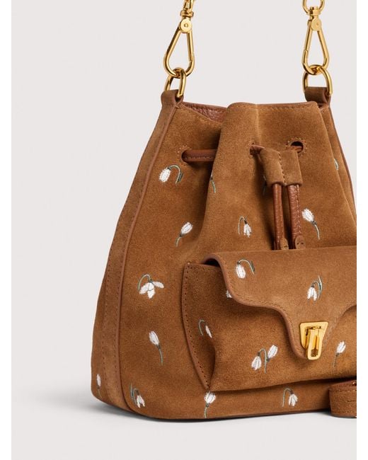Coccinelle Multicolor Suede Bucket Bag With Embroidered Floral Pattern Beat Generation Small