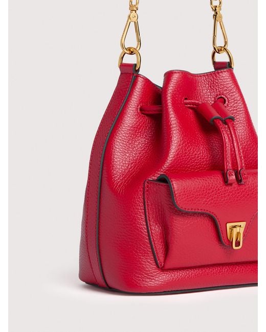 Coccinelle Red Grained Leather Bucket Bag Beat Generation Small