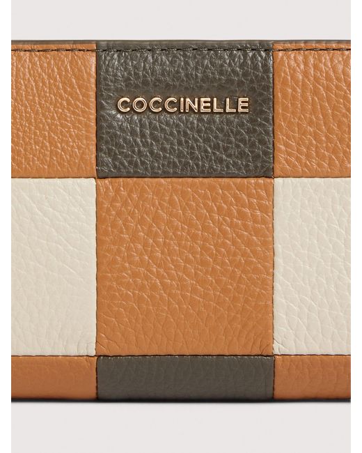 Coccinelle Natural Grained Leather Wallet With Patchwork Vichy Detailing Metallic Large