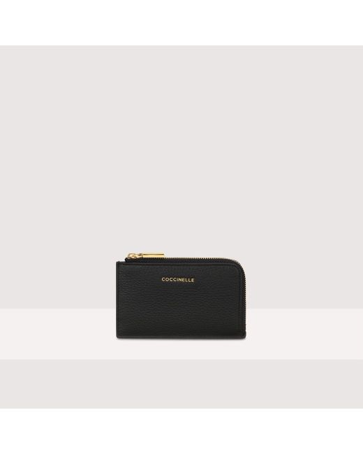 Coccinelle Black Grained Leather Card Holder Metallic Soft