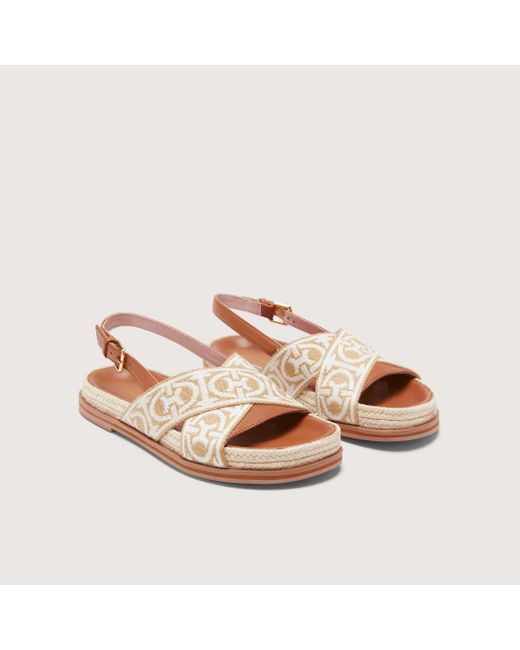Coccinelle Pink Jacquard Fabric And Smooth Leather Low-Heeled Sandals Monogram Ribbon