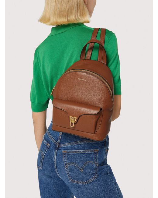 Coccinelle Brown Grained Leather Backpack Beat Generation Small
