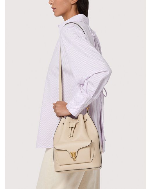 Coccinelle Natural Grained Leather Bucket Bag Beat Generation Medium