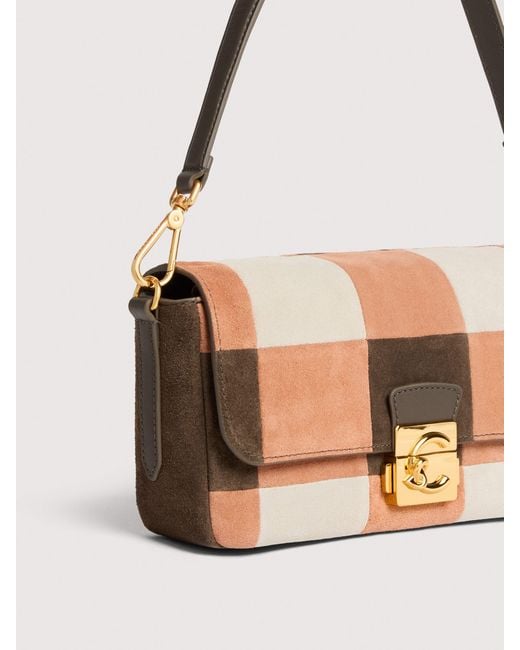Coccinelle White Suede Shoulder Bag With Patchwork Vichy Detailing C-Me Lock Medium