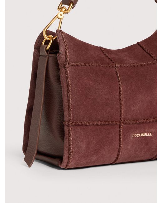 Coccinelle Purple Suede Handbag With Embroidered Check Pattern Boheme Small