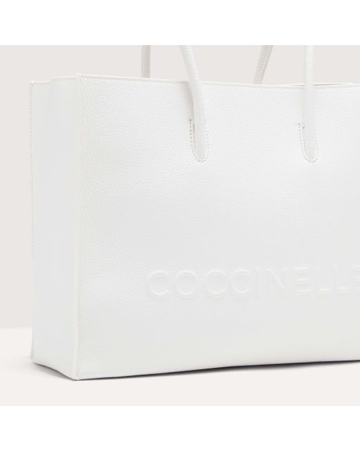 Coccinelle White Grained Leather Handbag Myrtha Maxi Logo Medium