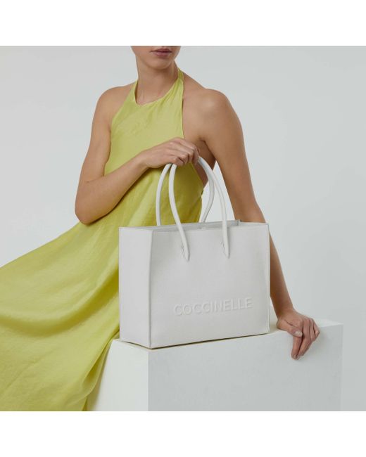Coccinelle White Grained Leather Handbag Myrtha Maxi Logo Medium