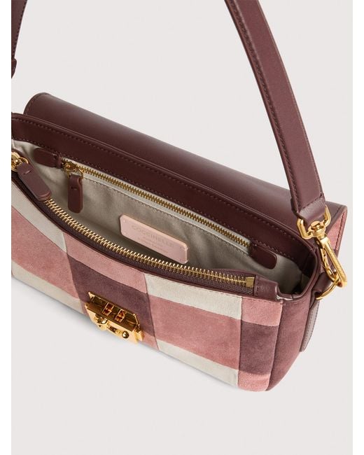 Coccinelle Pink Suede Shoulder Bag With Patchwork Vichy Detailing C-Me Lock Medium