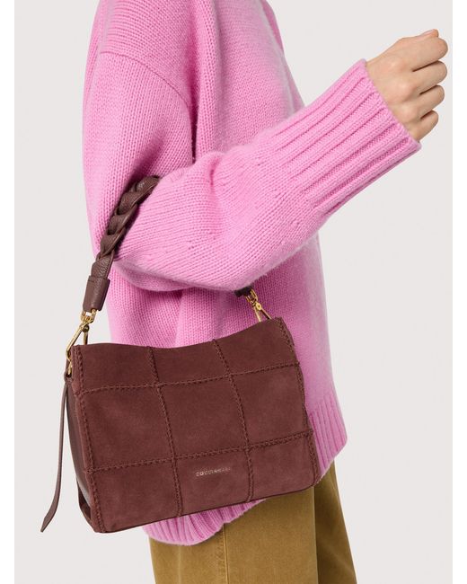 Coccinelle Purple Suede Handbag With Embroidered Check Pattern Boheme Small