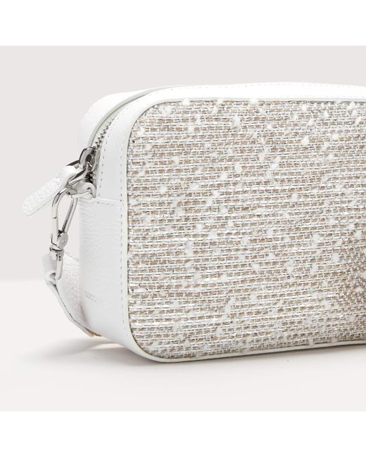 Coccinelle White Laminated Bouclé Fabric Crossbody Bag Tebe Snowflakes Woven