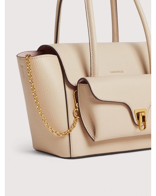 Coccinelle Natural Grained Leather Handbag Double Beat Medium