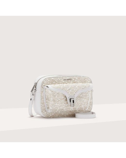 Coccinelle White Laminated Bouclé Fabric Crossbody Bag Beat Snowflakes Woven Small