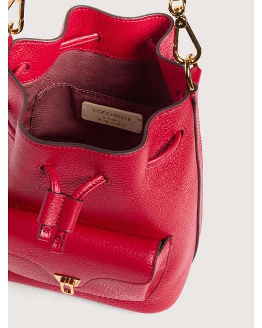 Coccinelle Red Grained Leather Bucket Bag Beat Generation Small