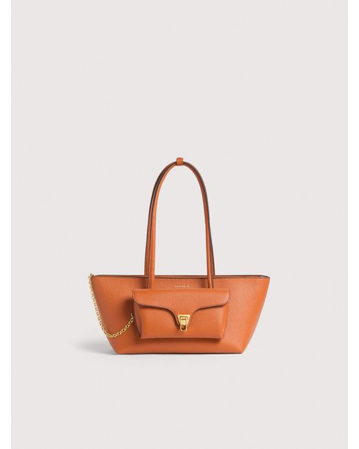 Coccinelle Pink Grained Leather Tote Bag Double Beat Medium