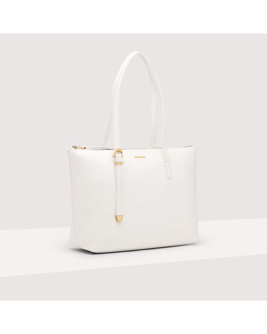 Coccinelle White Grained Leather Tote Bag Gleen Medium