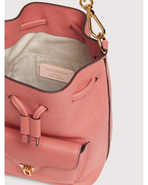 Coccinelle Pink Grained Leather Bucket Bag Beat Generation Small