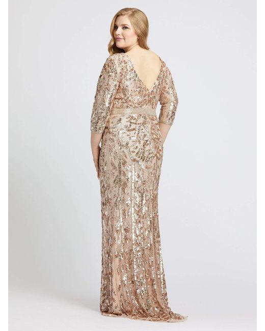 mac duggal beaded sheath gown in rose gold