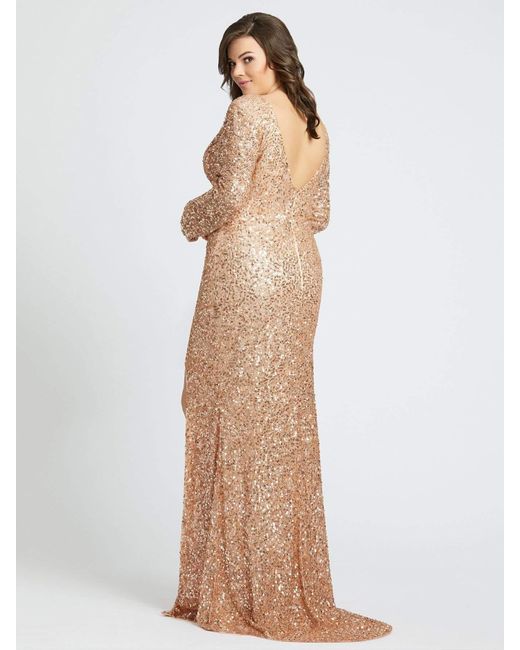 mac duggal beaded sheath gown in rose gold