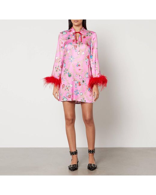 Kitri Pink Carlotta Printed Feather-Trimmed Satin Mini Dress