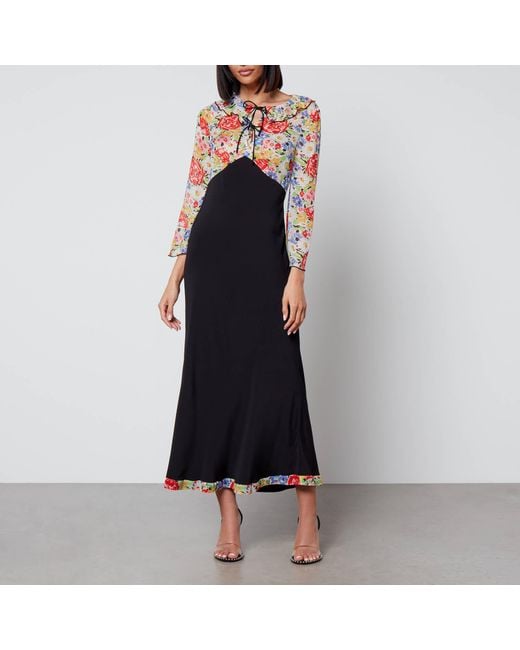 Rixo Black Lora Floral-Print Chiffon And Crepe Midi Dress