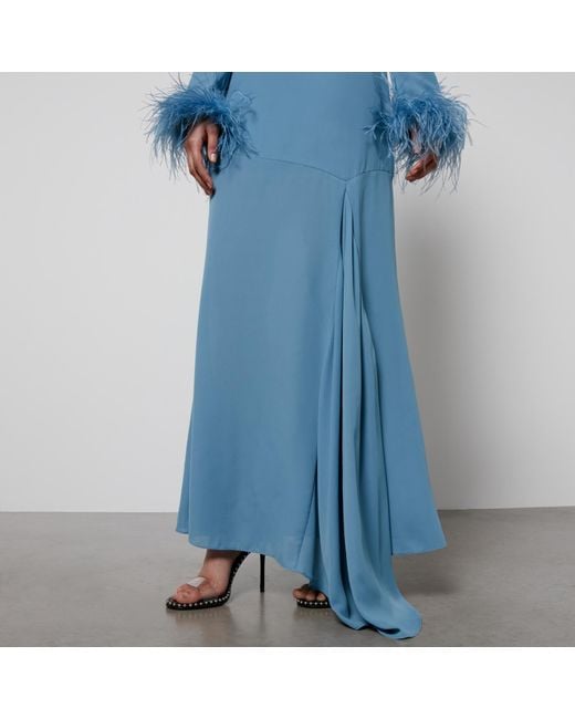 De La Vali Blue Cosmopolitan Feather-Trimmed Chiffon Maxi Dress