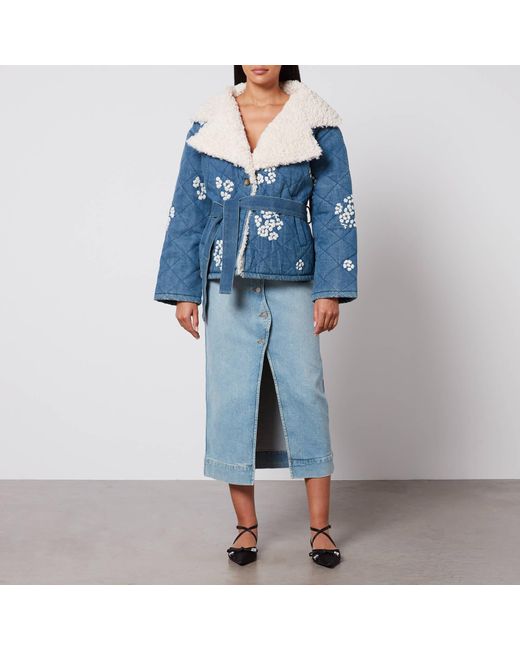 TACH Blue Wilma Floral-Embrodiered Denim And Sherpa Jacket