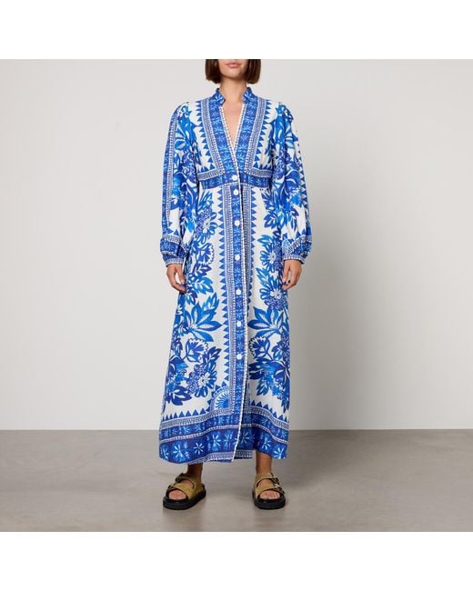 Farm Rio Blue Floral-Print Linen-Blend Maxi Dress