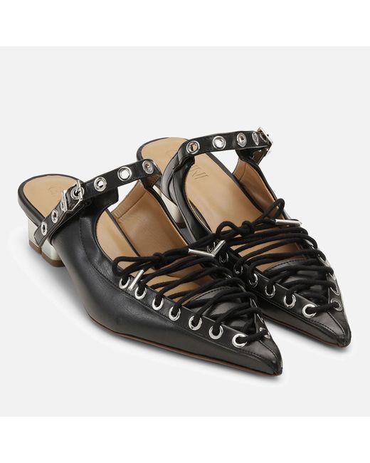 Ganni Black Eyelets Lace-Up Oleatex Heeled Mules