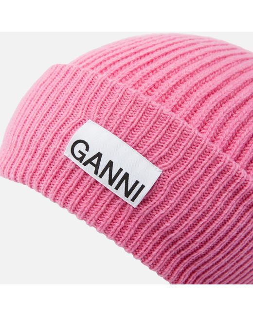 Ganni Pink Light Structured Rib-knit Beanie