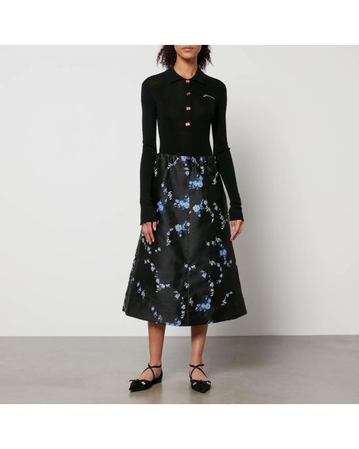 Ganni Black Floral-Jacquard Midi Skirt