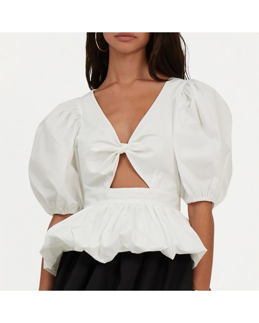 ROTATE BIRGER CHRISTENSEN White Puff Sleeve Cotton-Blend Poplin Top