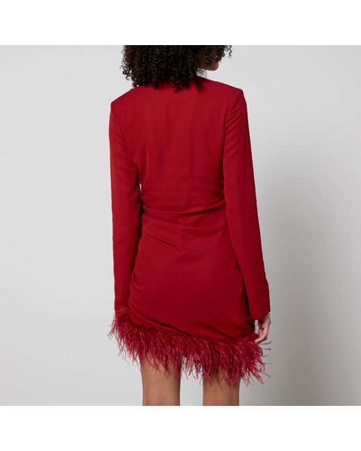 De La Vali Red Feather-Hemmed Crepe Mini Dress