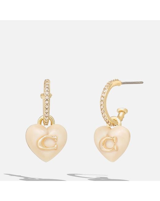 COACH Metallic Signature C Heart Pearl Drop Gold Tone Huggie Earrings