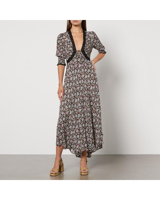 Rixo Gray Amina Floral-Print Satin-Silk Maxi Dress