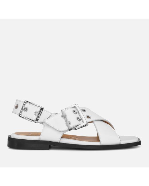 Ganni White Faux Leather Buckle Cross Strap Sandals