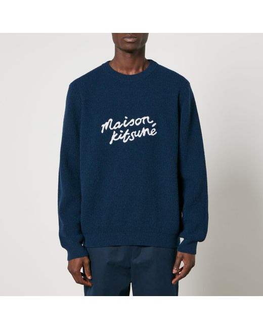 Maison Kitsuné Blue Handwriting Waffle-Knit Wool Jumper for men